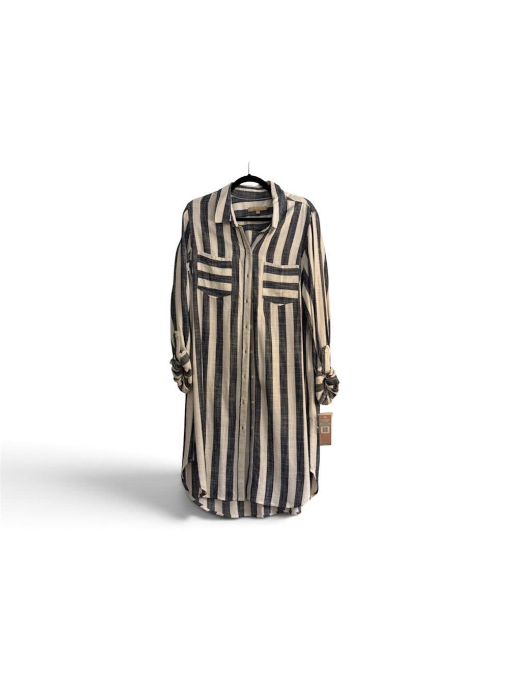 Striped Longline Button-Down Dress in Cream & Black